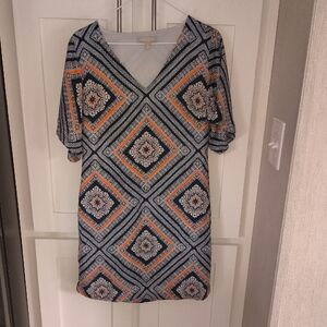 Banana Republic Navy and Orange Geometric V-Neck Shift Dress